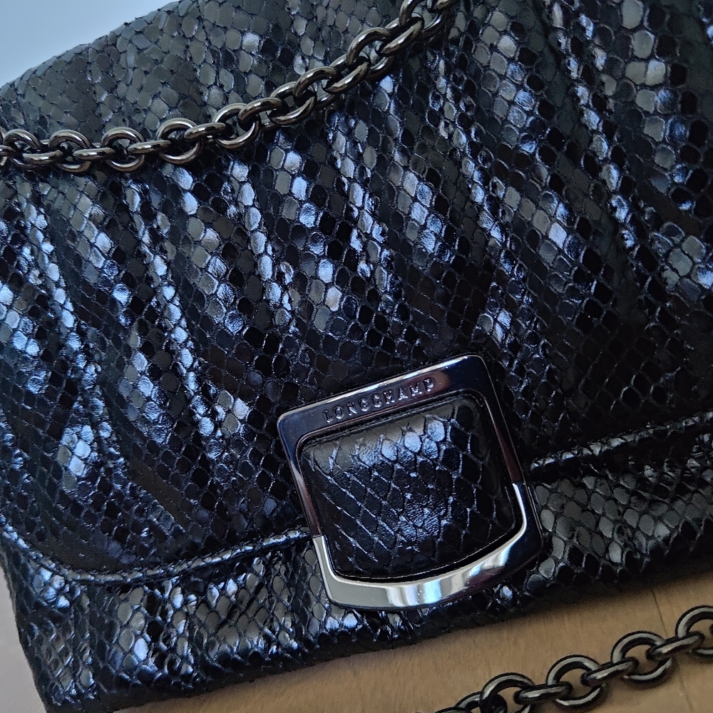 Longchamp Black Snakeskin Chain Purse